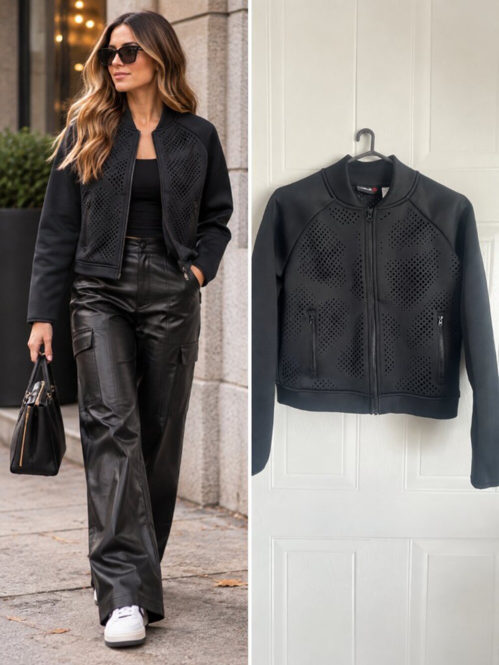Reebok Black Laser Cut Scuba Bomber Jacket Cropped Boxy Techwear Minimalist S